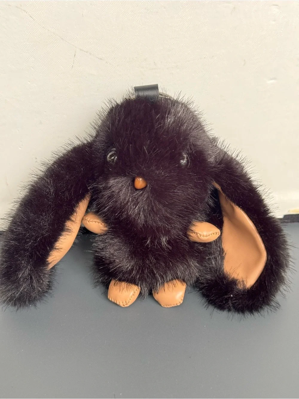 NIP Black Fluffy Bunny Keychain Bag Charm Faux Fur Lop Ear